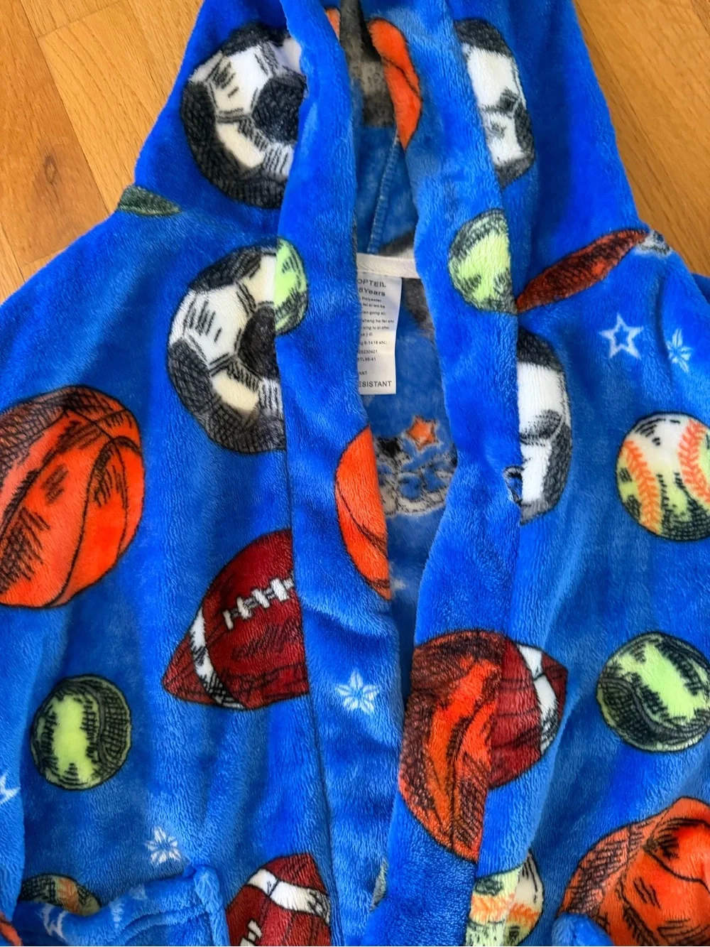 Kids Blue Sports Print Fleece Robe with Hood
